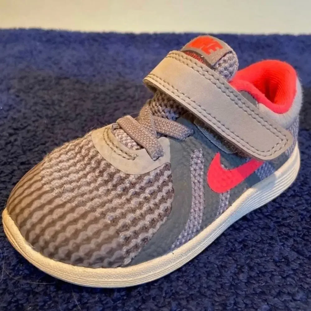 Nike Toddler 6C Revolution 4 Grey Racer Pink Velcro Closure Sneakers